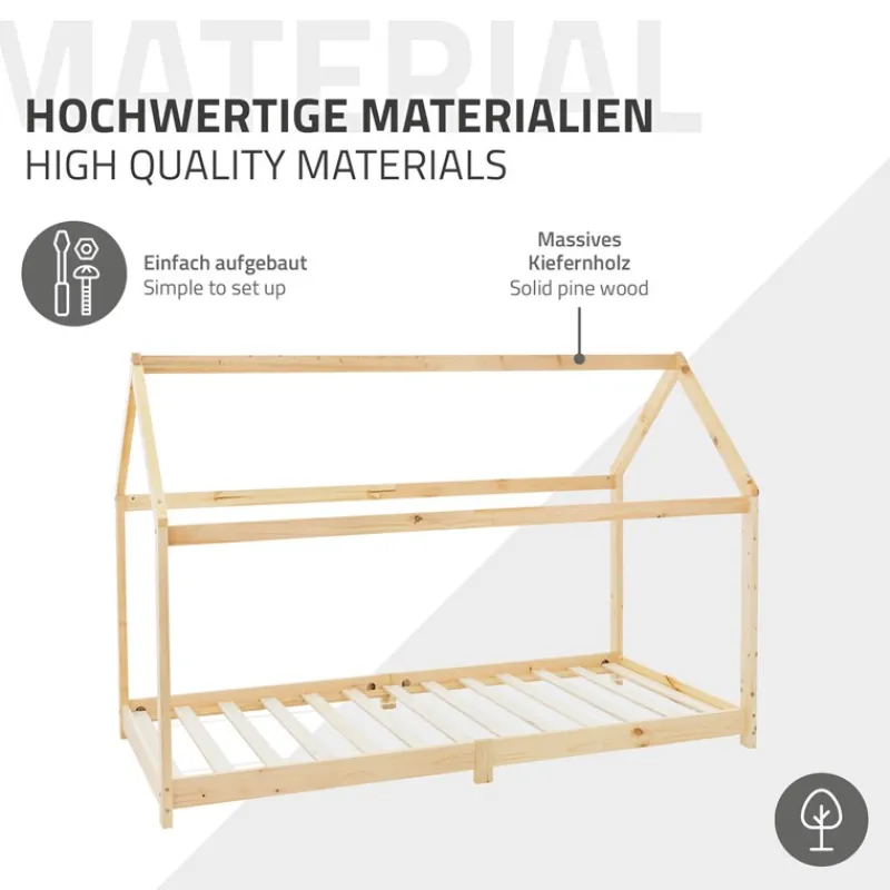 Kinderbett Hausbett 90x200 cm aus Kiefernholz inkl. Matratze H-16cm Holzbett mit Dach und Lattenrost ML-Design-ECD Germany Outlet