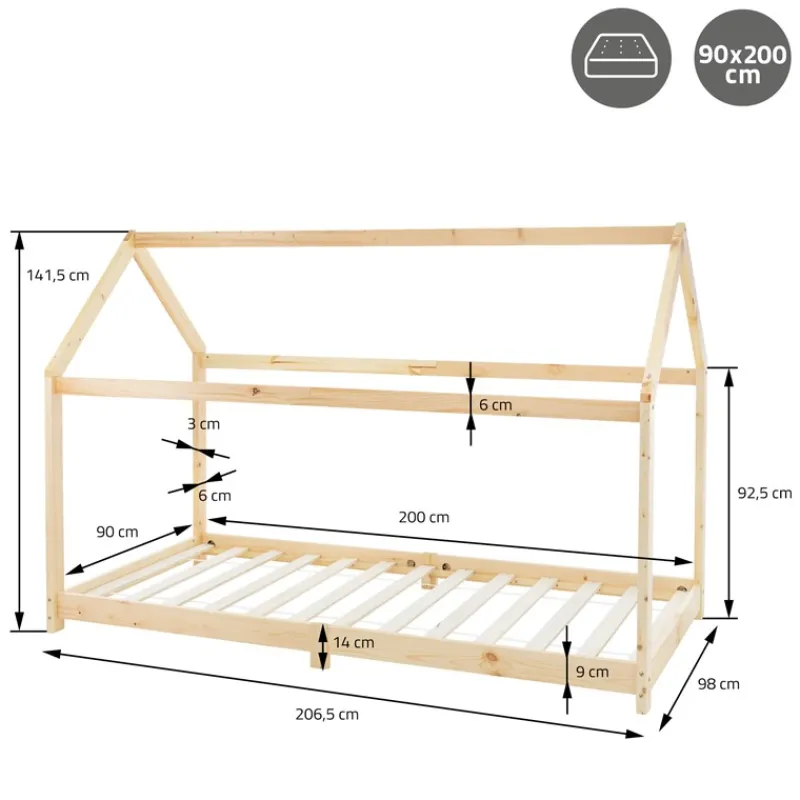 Kinderbett Hausbett 90x200 cm aus Kiefernholz inkl. Matratze H-16cm Holzbett mit Dach und Lattenrost ML-Design-ECD Germany Outlet