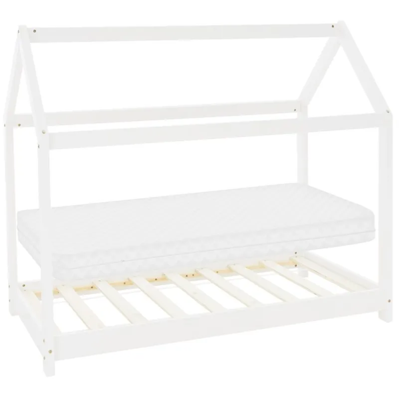 Kinderbett Hausbett 70x140 cm Weiß aus Kiefernholz inkl. Matratze H-10cm Holzbett mit Dach und Lattenrost ML-Design-ECD Germany Hot