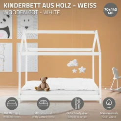 Kinderbett Hausbett 70x140 cm Weiß aus Kiefernholz inkl. Matratze H-10cm Holzbett mit Dach und Lattenrost ML-Design-ECD Germany Hot