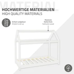 Kinderbett Hausbett 70x140 cm Weiß aus Kiefernholz inkl. Matratze H-10cm Holzbett mit Dach und Lattenrost ML-Design-ECD Germany Hot