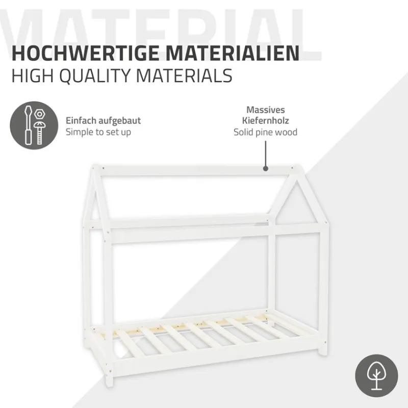 Kinderbett Hausbett 70x140 cm Weiß aus Kiefernholz inkl. Matratze H-10cm Holzbett mit Dach und Lattenrost ML-Design-ECD Germany Hot