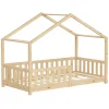 Kinderbett Hausbett 80x160 cm Natur aus Kiefernholz Holzbett mit Rausfallschutz und Lattenrost ML-Design-ECD Germany Discount