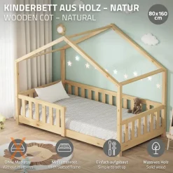 Kinderbett Hausbett 80x160 cm Natur aus Kiefernholz Holzbett mit Rausfallschutz und Lattenrost ML-Design-ECD Germany Discount