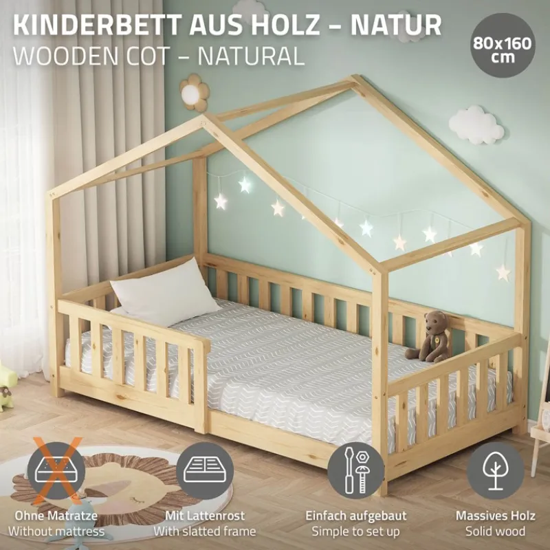 Kinderbett Hausbett 80x160 cm Natur aus Kiefernholz Holzbett mit Rausfallschutz und Lattenrost ML-Design-ECD Germany Discount