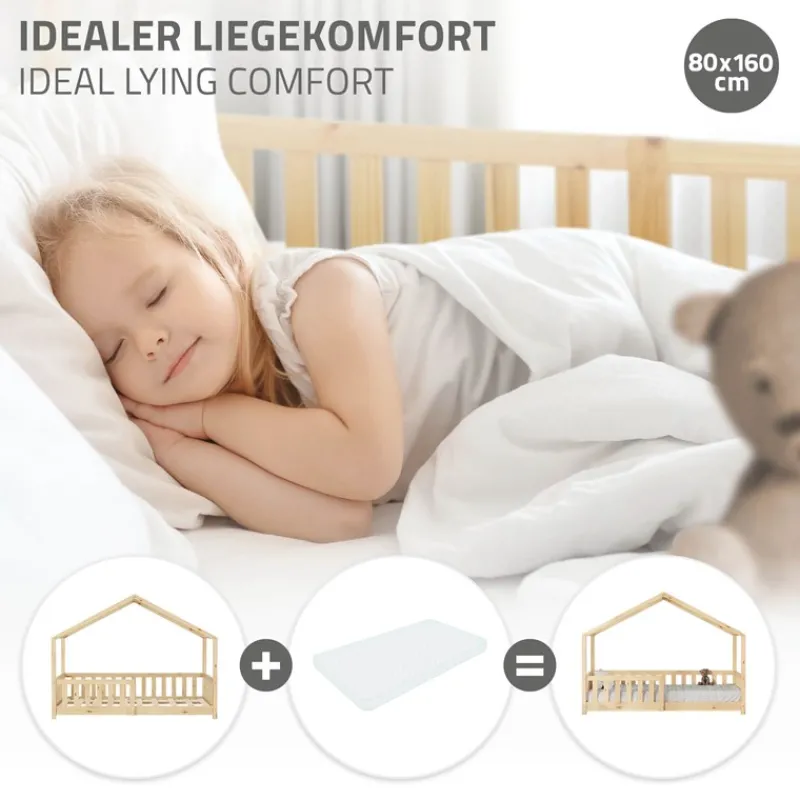 Kinderbett Hausbett 80x160 cm Natur aus Kiefernholz Holzbett mit Rausfallschutz und Lattenrost ML-Design-ECD Germany Discount