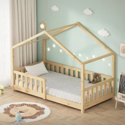 Kinderbett Hausbett 80x160 cm Natur aus Kiefernholz Holzbett mit Rausfallschutz und Lattenrost ML-Design-ECD Germany Discount
