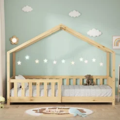 Kinderbett Hausbett 80x160 cm Natur aus Kiefernholz Holzbett mit Rausfallschutz und Lattenrost ML-Design-ECD Germany Discount
