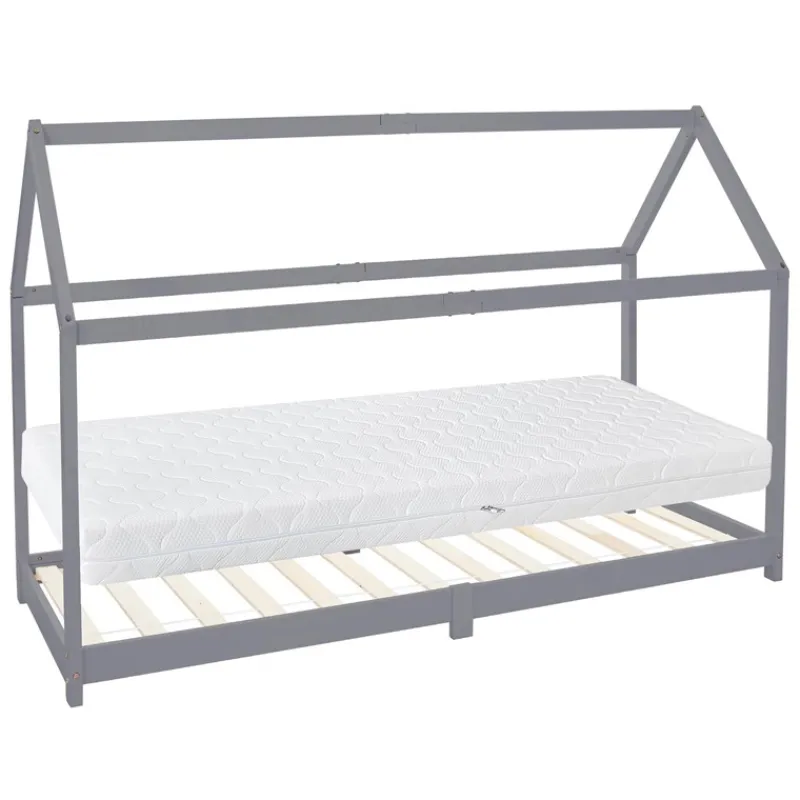Kinderbett Hausbett 90x200 cm Hellgrau aus Kiefernholz inkl. Matratze H-16cm Holzbett mit Dach und Lattenrost ML-Design-ECD Germany Online