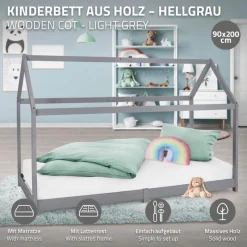 Kinderbett Hausbett 90x200 cm Hellgrau aus Kiefernholz inkl. Matratze H-16cm Holzbett mit Dach und Lattenrost ML-Design-ECD Germany Online