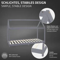 Kinderbett Hausbett 90x200 cm Hellgrau aus Kiefernholz inkl. Matratze H-16cm Holzbett mit Dach und Lattenrost ML-Design-ECD Germany Online