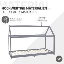 Kinderbett Hausbett 90x200 cm Hellgrau aus Kiefernholz inkl. Matratze H-16cm Holzbett mit Dach und Lattenrost ML-Design-ECD Germany Online