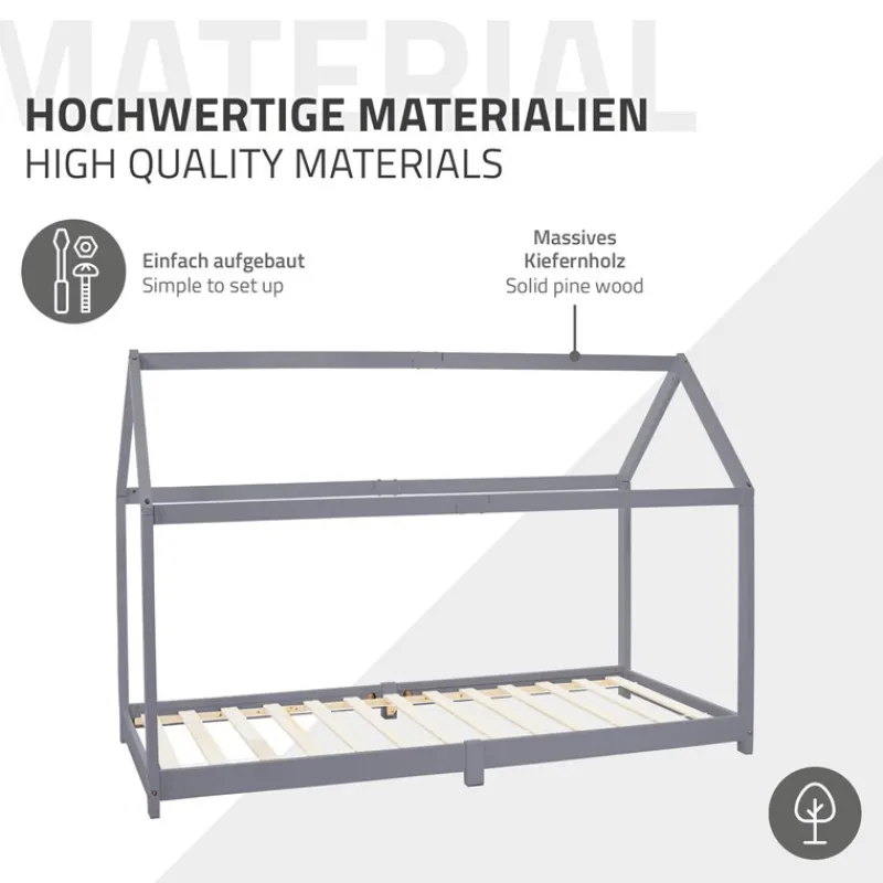 Kinderbett Hausbett 90x200 cm Hellgrau aus Kiefernholz inkl. Matratze H-16cm Holzbett mit Dach und Lattenrost ML-Design-ECD Germany Online