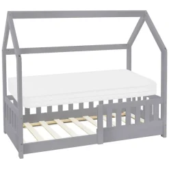 Kinderbett Hausbett 70x140 cm Hellgrau aus Kiefernholz inkl. Matratze H-10cm Rausfallschutz Dach und Lattenrost ML-Design-ECD Germany Sale