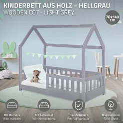 Kinderbett Hausbett 70x140 cm Hellgrau aus Kiefernholz inkl. Matratze H-10cm Rausfallschutz Dach und Lattenrost ML-Design-ECD Germany Sale