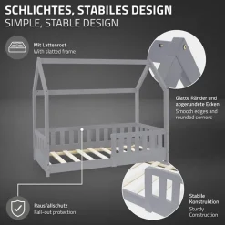 Kinderbett Hausbett 70x140 cm Hellgrau aus Kiefernholz inkl. Matratze H-10cm Rausfallschutz Dach und Lattenrost ML-Design-ECD Germany Sale