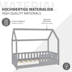 Kinderbett Hausbett 70x140 cm Hellgrau aus Kiefernholz inkl. Matratze H-10cm Rausfallschutz Dach und Lattenrost ML-Design-ECD Germany Sale