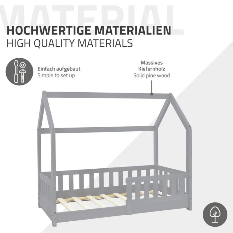 Kinderbett Hausbett 70x140 cm Hellgrau aus Kiefernholz inkl. Matratze H-10cm Rausfallschutz Dach und Lattenrost ML-Design-ECD Germany Sale