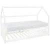 Kinderbett Hausbett 90x200 cm Weiß aus Kiefernholz inkl. Matratze H-16cm Rausfallschutz Dach und Lattenrost ML-Design-ECD Germany Discount