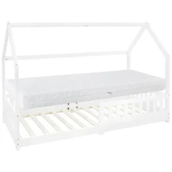 Kinderbett Hausbett 90x200 cm Weiß aus Kiefernholz inkl. Matratze H-16cm Rausfallschutz Dach und Lattenrost ML-Design-ECD Germany Discount