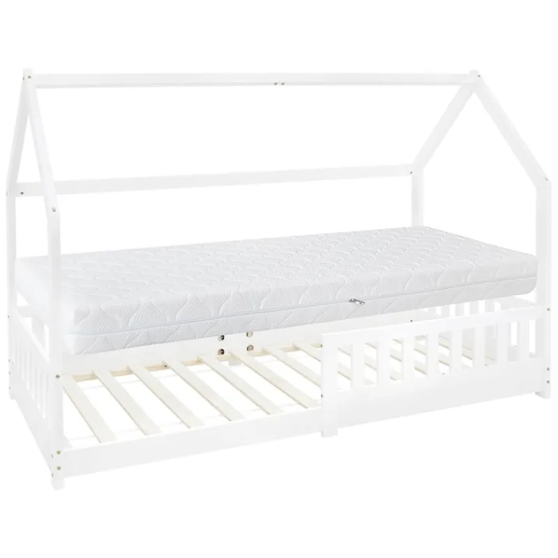 Kinderbett Hausbett 90x200 cm Weiß aus Kiefernholz inkl. Matratze H-16cm Rausfallschutz Dach und Lattenrost ML-Design-ECD Germany Discount