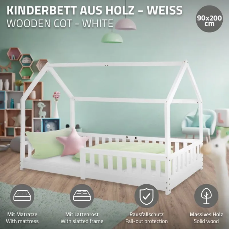 Kinderbett Hausbett 90x200 cm Weiß aus Kiefernholz inkl. Matratze H-16cm Rausfallschutz Dach und Lattenrost ML-Design-ECD Germany Discount