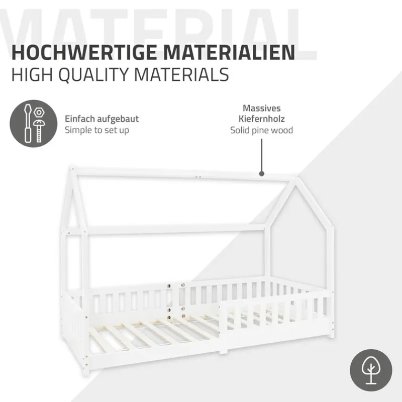 Kinderbett Hausbett 90x200 cm Weiß aus Kiefernholz inkl. Matratze H-16cm Rausfallschutz Dach und Lattenrost ML-Design-ECD Germany Discount