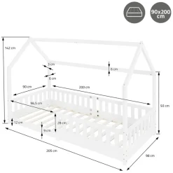 Kinderbett Hausbett 90x200 cm Weiß aus Kiefernholz inkl. Matratze H-16cm Rausfallschutz Dach und Lattenrost ML-Design-ECD Germany Discount