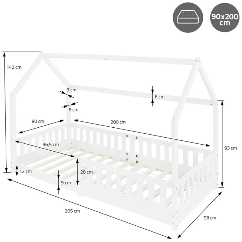 Kinderbett Hausbett 90x200 cm Weiß aus Kiefernholz inkl. Matratze H-16cm Rausfallschutz Dach und Lattenrost ML-Design-ECD Germany Discount