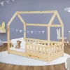 Kinderbett Hausbett 140x70 cm aus Kiefernholz mit Rausfallschutz Dach und Lattenrost Holzbett ML-Design-ECD Germany