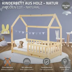 Kinderbett Hausbett 140x70 cm aus Kiefernholz mit Rausfallschutz Dach und Lattenrost Holzbett ML-Design-ECD Germany