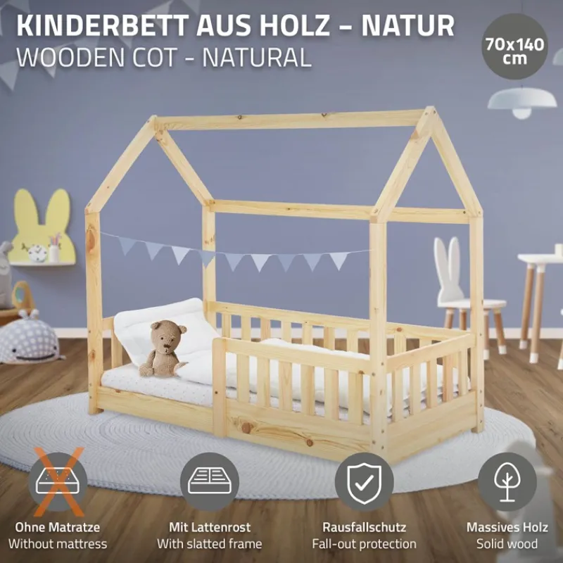 Kinderbett Hausbett 140x70 cm aus Kiefernholz mit Rausfallschutz Dach und Lattenrost Holzbett ML-Design-ECD Germany