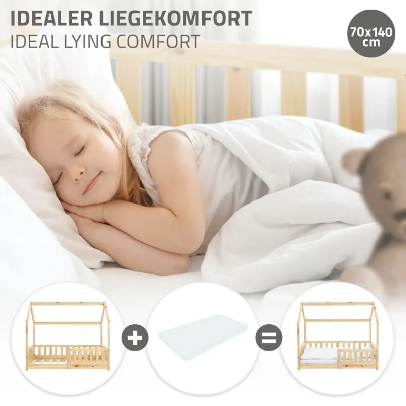Kinderbett Hausbett 140x70 cm aus Kiefernholz mit Rausfallschutz Dach und Lattenrost Holzbett ML-Design-ECD Germany