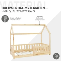 Kinderbett Hausbett 140x70 cm aus Kiefernholz mit Rausfallschutz Dach und Lattenrost Holzbett ML-Design-ECD Germany