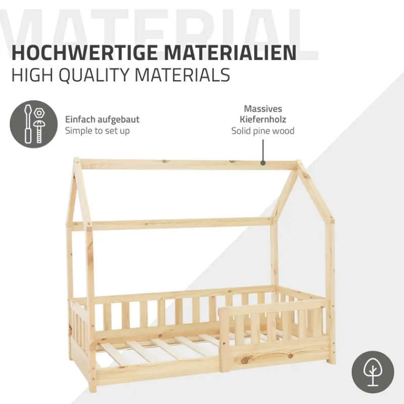 Kinderbett Hausbett 140x70 cm aus Kiefernholz mit Rausfallschutz Dach und Lattenrost Holzbett ML-Design-ECD Germany