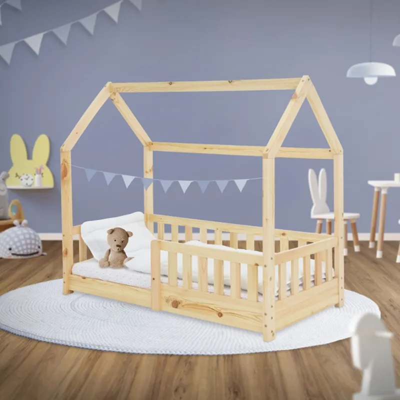 Kinderbett Hausbett 140x70 cm aus Kiefernholz mit Rausfallschutz Dach und Lattenrost Holzbett ML-Design-ECD Germany