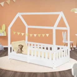 Kinderbett Hausbett 70x140 cm Weiß aus Kiefernholz mit Rausfallschutz Dach und Lattenrost Holzbett ML-Design-ECD Germany Outlet