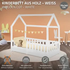 Kinderbett Hausbett 70x140 cm Weiß aus Kiefernholz mit Rausfallschutz Dach und Lattenrost Holzbett ML-Design-ECD Germany Outlet