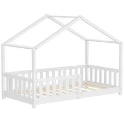 Kinderbett Hausbett 80x160 cm Weiß aus Kiefernholz Holzbett mit Rausfallschutz und Lattenrost ML-Design-ECD Germany Outlet