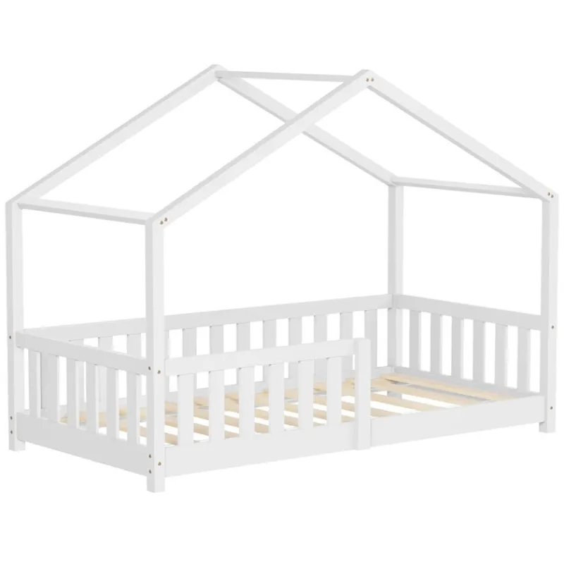 Kinderbett Hausbett 80x160 cm Weiß aus Kiefernholz Holzbett mit Rausfallschutz und Lattenrost ML-Design-ECD Germany Outlet