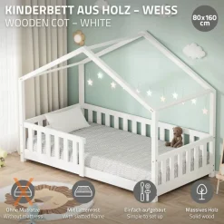 Kinderbett Hausbett 80x160 cm Weiß aus Kiefernholz Holzbett mit Rausfallschutz und Lattenrost ML-Design-ECD Germany Outlet