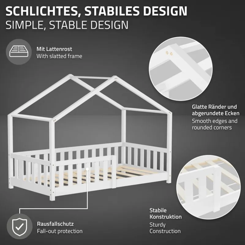 Kinderbett Hausbett 80x160 cm Weiß aus Kiefernholz Holzbett mit Rausfallschutz und Lattenrost ML-Design-ECD Germany Outlet