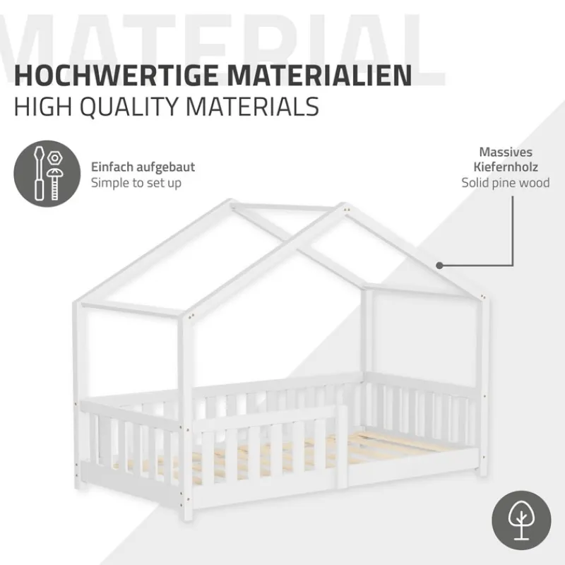 Kinderbett Hausbett 80x160 cm Weiß aus Kiefernholz Holzbett mit Rausfallschutz und Lattenrost ML-Design-ECD Germany Outlet