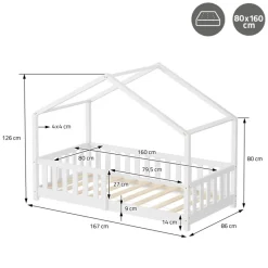 Kinderbett Hausbett 80x160 cm Weiß aus Kiefernholz Holzbett mit Rausfallschutz und Lattenrost ML-Design-ECD Germany Outlet