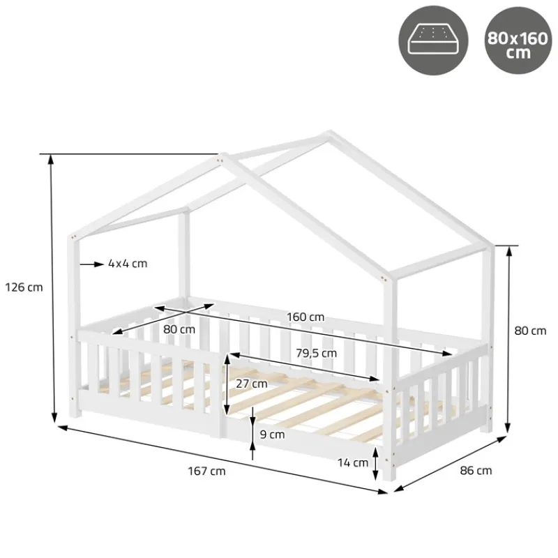 Kinderbett Hausbett 80x160 cm Weiß aus Kiefernholz Holzbett mit Rausfallschutz und Lattenrost ML-Design-ECD Germany Outlet