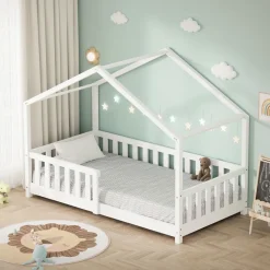 Kinderbett Hausbett 80x160 cm Weiß aus Kiefernholz Holzbett mit Rausfallschutz und Lattenrost ML-Design-ECD Germany Outlet