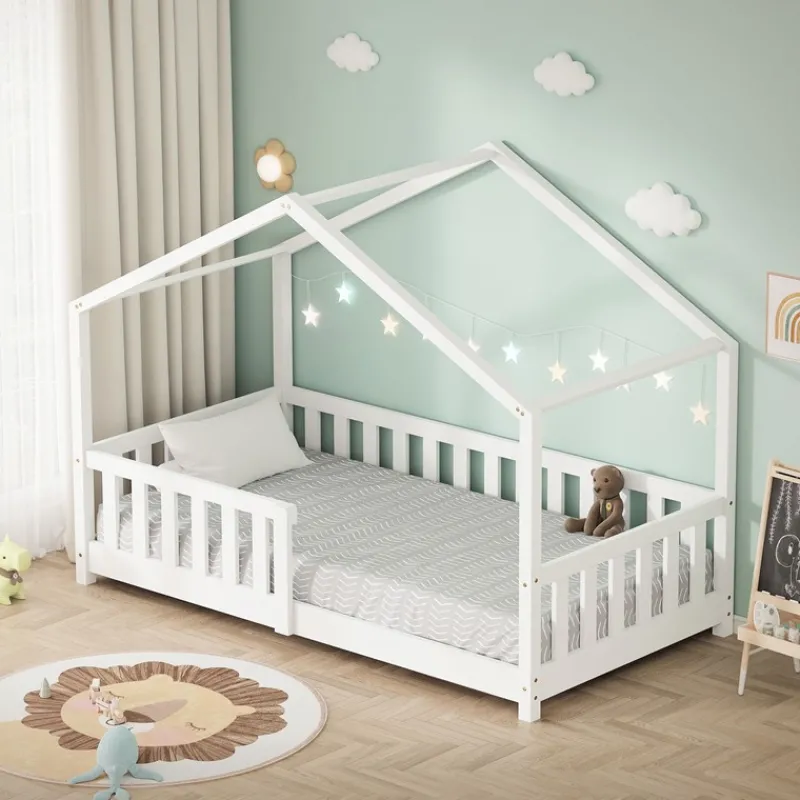 Kinderbett Hausbett 80x160 cm Weiß aus Kiefernholz Holzbett mit Rausfallschutz und Lattenrost ML-Design-ECD Germany Outlet