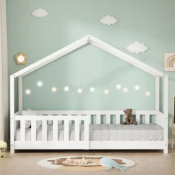 Kinderbett Hausbett 80x160 cm Weiß aus Kiefernholz Holzbett mit Rausfallschutz und Lattenrost ML-Design-ECD Germany Outlet