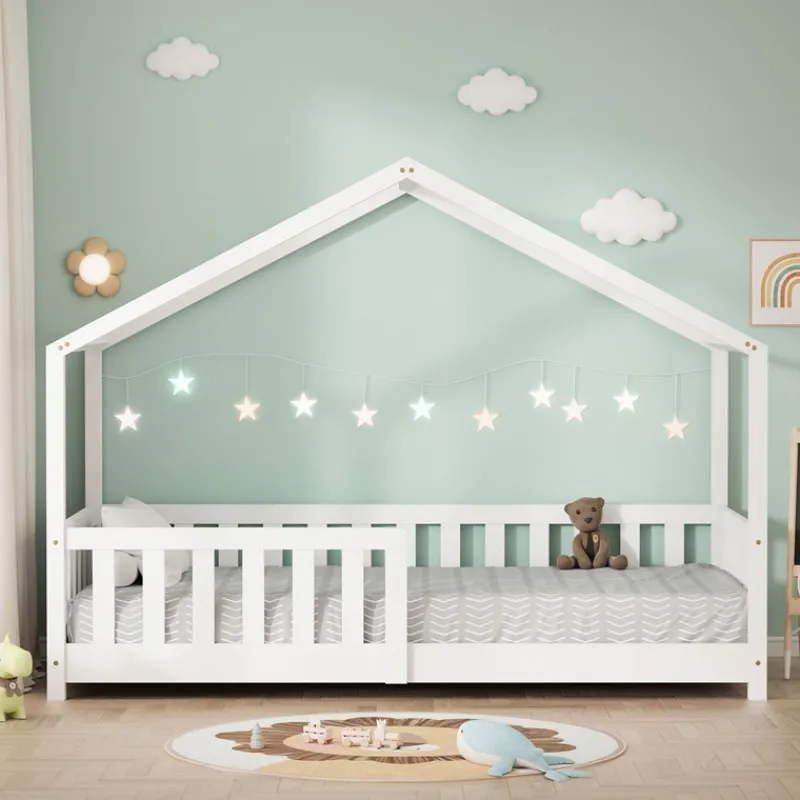 Kinderbett Hausbett 80x160 cm Weiß aus Kiefernholz Holzbett mit Rausfallschutz und Lattenrost ML-Design-ECD Germany Outlet