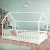 Kinderbett Hausbett 90x200 cm Weiß aus Kiefernholz mit Rausfallschutz Dach und Lattenrost Holzbett ML-Design-ECD Germany Outlet